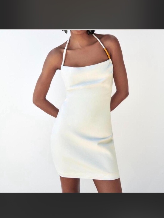 Zara Dresses & Skirts - Zara Cream Halter Mini Dress with Bead Detail
